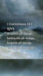 1 Corinthians 13:7 KJVS Beareth all things, believeth all things, hopeth all things, endureth all things.