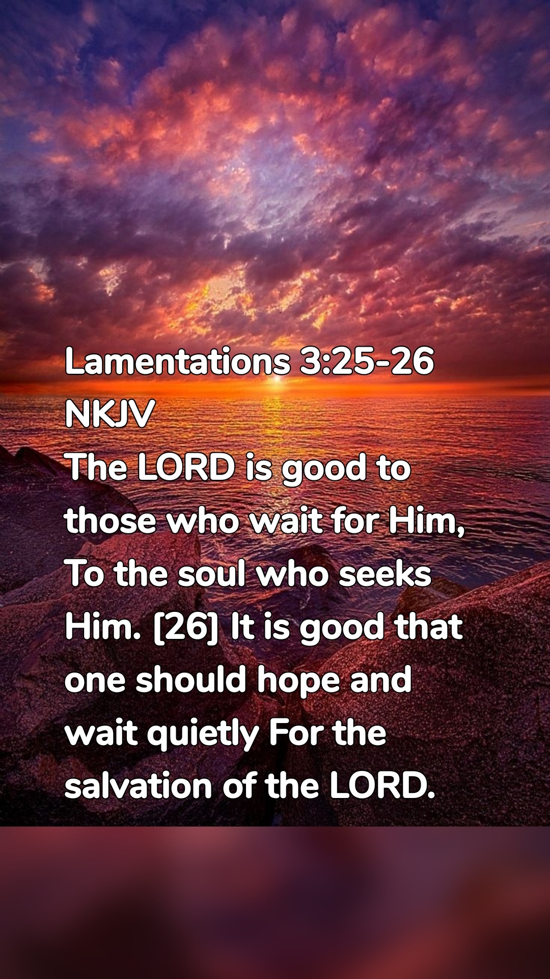 Lamentations 3:25-26 NKJV
The LORD is good to those who wait for Him, To the soul who seeks Him. [26] It is good that one should hope and wait quietly For the salvation of the LORD.