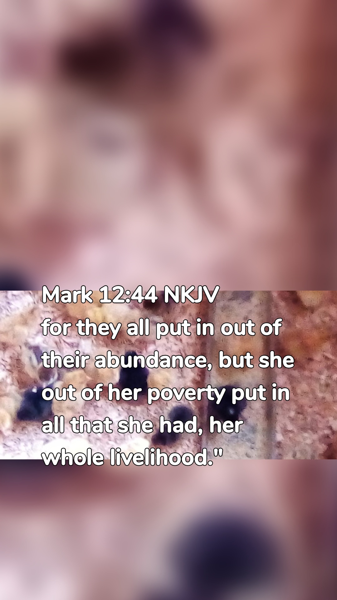 Mark 12:44 NKJV
for they all put in out of their abundance, but she out of her poverty put in all that she had, her whole livelihood."